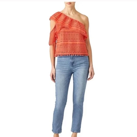 SAYLOR Tops - SAYLOR Bess fringe pom pom embroidered ruffle eyelet coral one shoulder